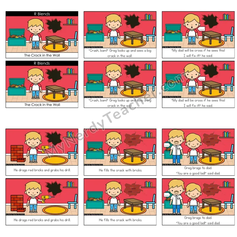 R-Blends (br, cr, dr, fr, gr, pr, tr) Decodable Reader — The Crack in the Wall (Color)