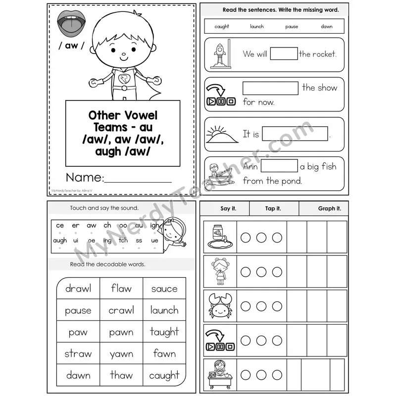 au, aw, augh (/aw/) Foldable Decodable Mini Book — Editable PPT