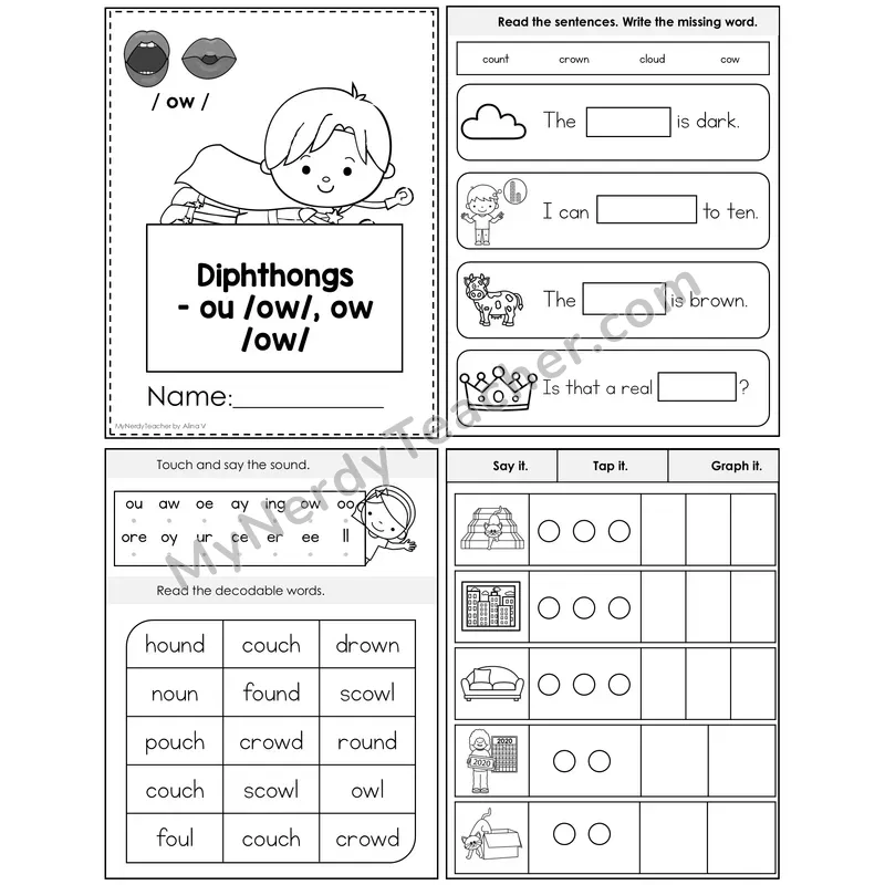 Diphthongs ou, ow (/ow/) Foldable Decodable Mini Book — Editable PPT