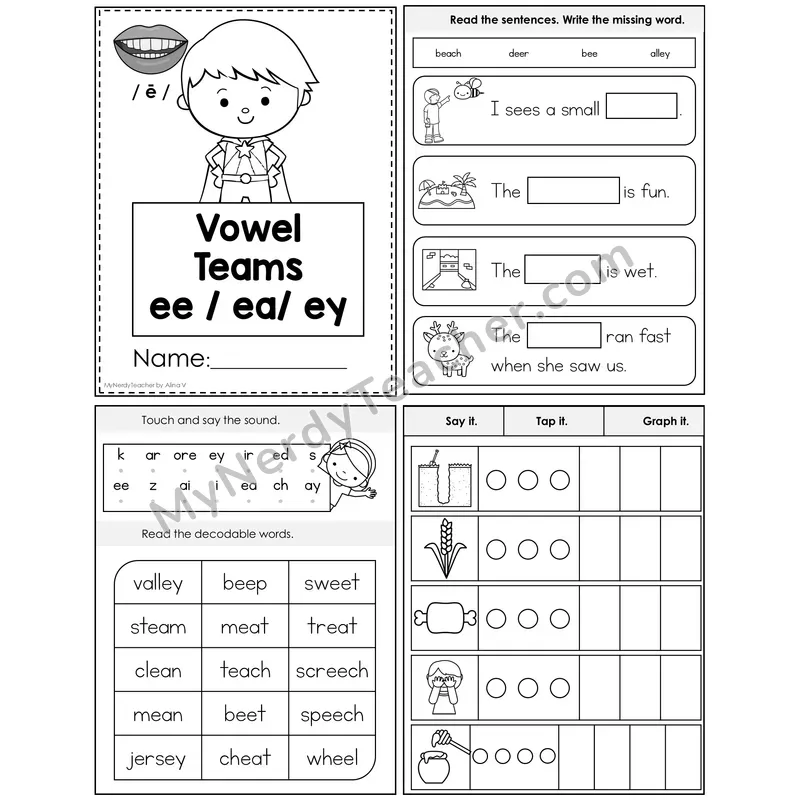 Vowel Teams ee, ea, ey — Long E Foldable Mini Book — Editable PPT