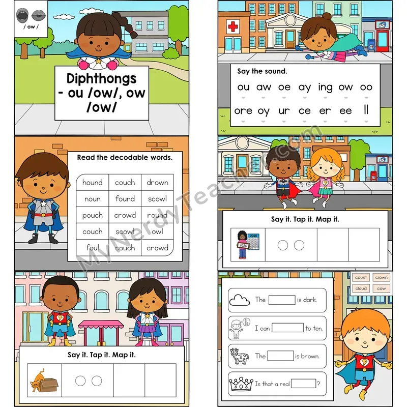 Diphthongs ou, ow (/ow/) Digital Decodable Mini Book — Editable PPT