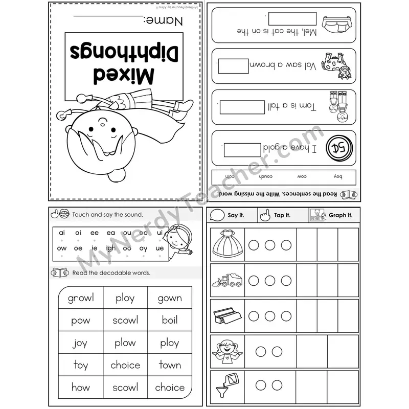 Mixed Diphthongs Foldable Decodable Mini Book — Printable PDF