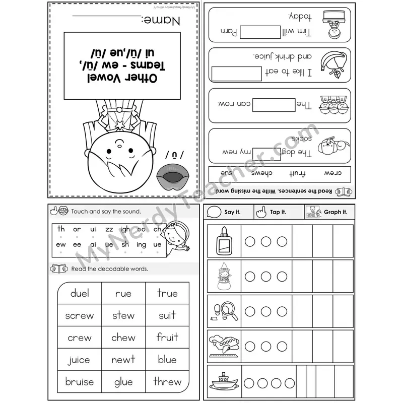ew, ui, ue (Long U) Foldable Decodable Mini Book — Printable PDF