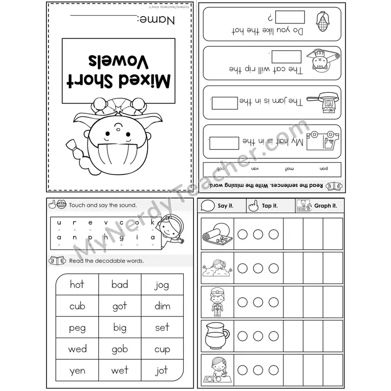 Mixed Short Vowels Foldable Decodable Mini Book — Printable PDF