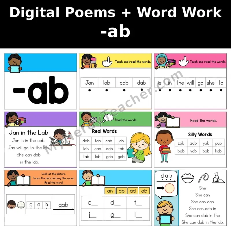 Short A Word Family -ab Digital Poems and Word Work — Decodable Activity (Jan in the Lab)