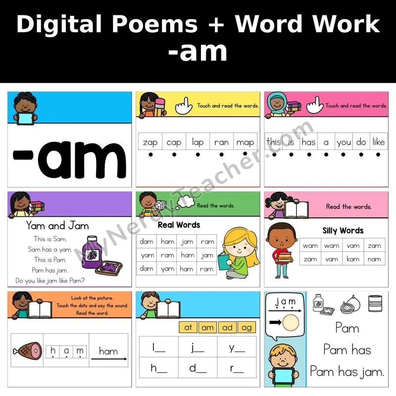 Short A Word Family -am Digital Poems and Word Work — Decodable Activity (Yam and Jam)