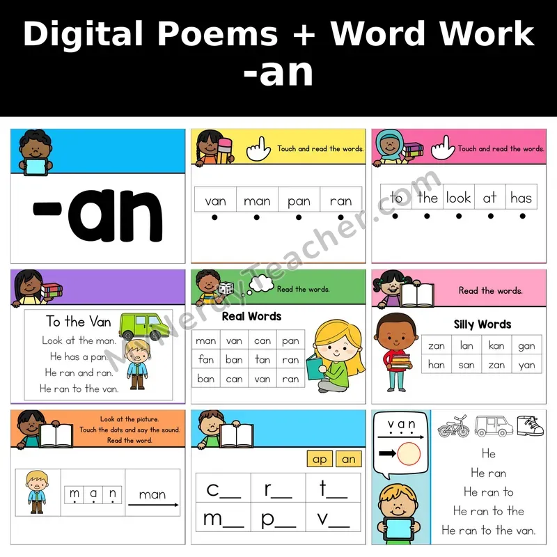 Short A Word Family -an Digital Poems and Word Work — Decodable Activity (To the Van)