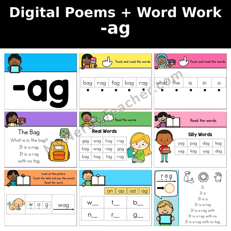 Short A Word Family -ag Digital Poems and Word Work — Decodable Activity (The Bag)
