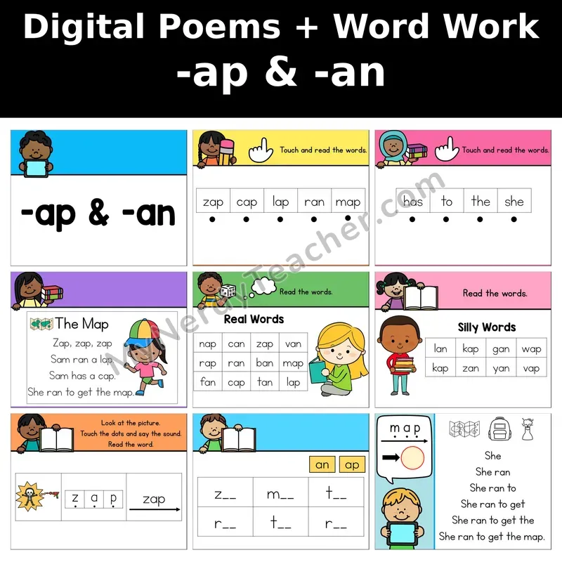 Short A Word Family -ap, -an Digital Poems and Word Work — Decodable Activity (The Map)