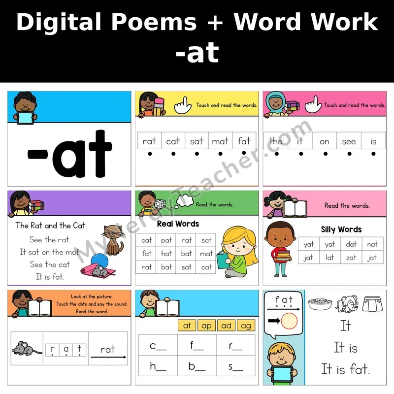 Short A Word Family -at Digital Poems and Word Work — Decodable Activity (The Rat and the Cat)