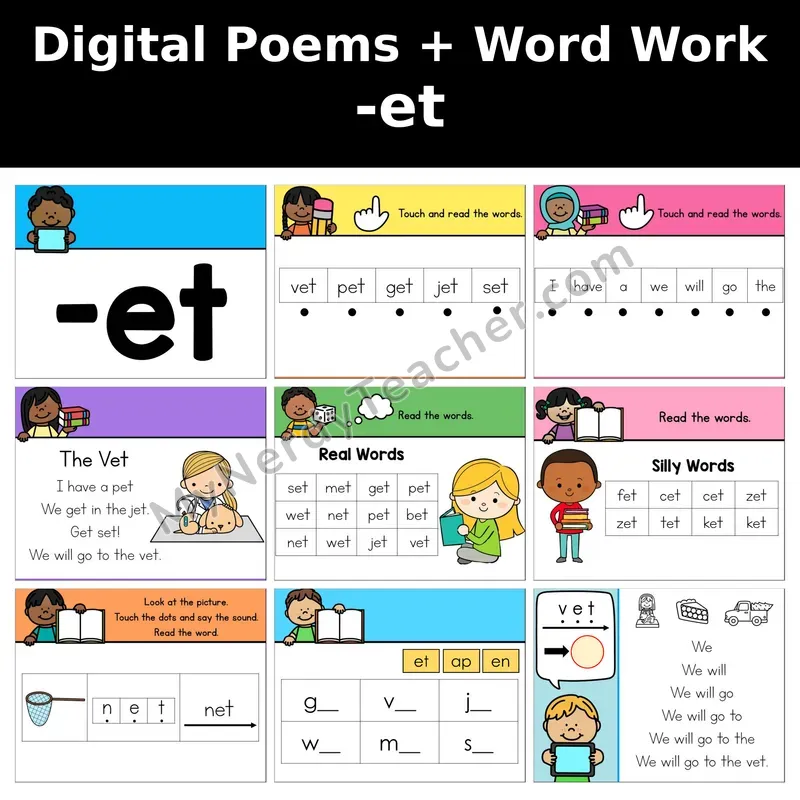 Short E Word Family -et Digital Poems and Word Work — Decodable Activity (The Vet)