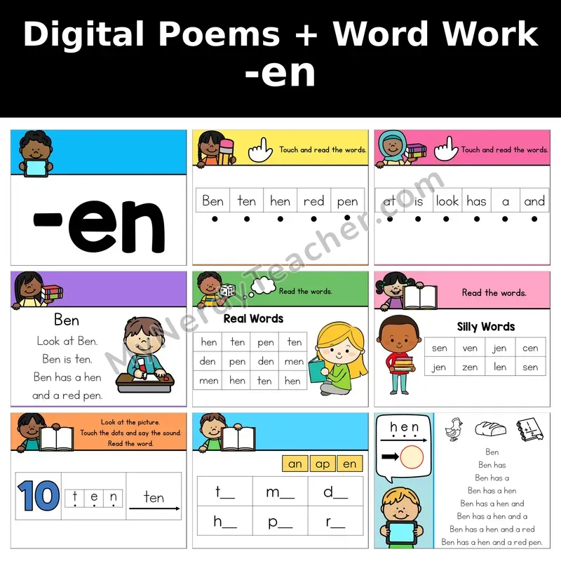 Short E Word Family -en Digital Poems and Word Work — Decodable Activity (Ben)