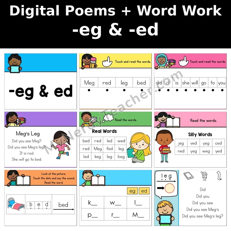 Short E Word Family -eg, -ed Digital Poems and Word Work — Decodable Activity (Meg's Leg)