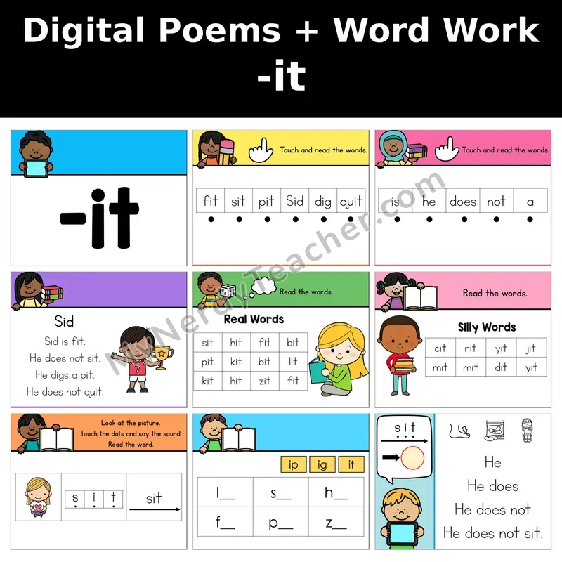 Short I Word Family -it Digital Poems and Word Work — Decodable Activity (Sid)