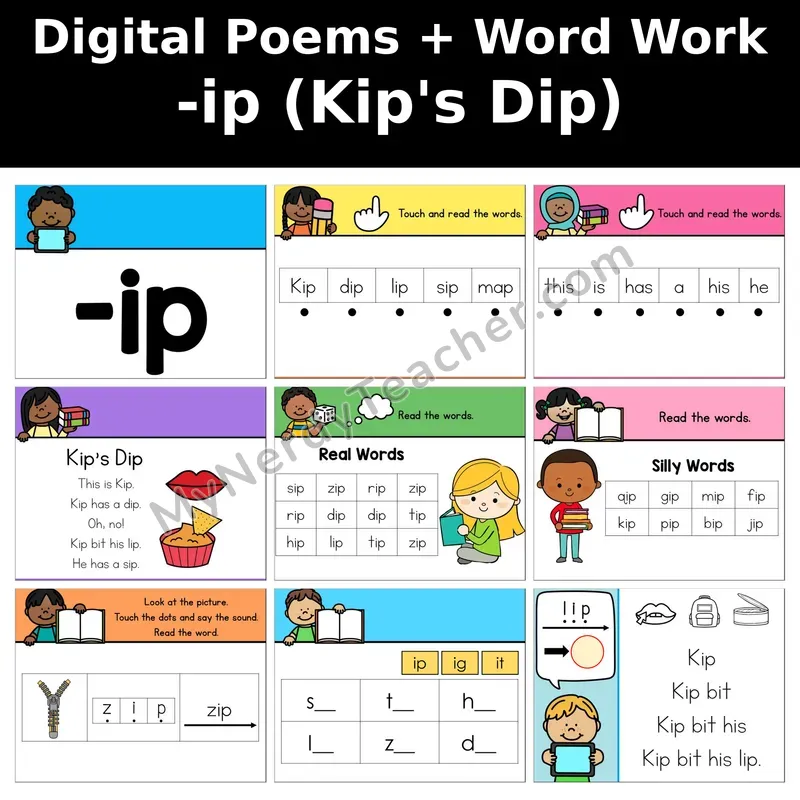 Short I Word Family -ip Digital Poems and Word Work — Decodable Activity (Kip's Dip)