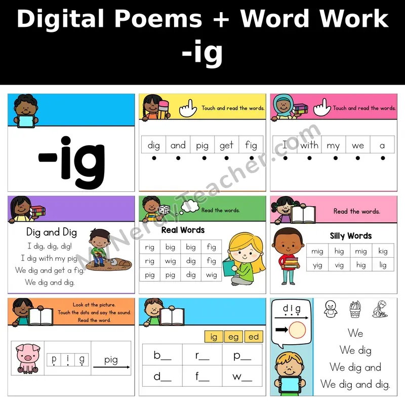Short I Word Family -ig Digital Poems and Word Work — Decodable Activity (Dig and Dig)