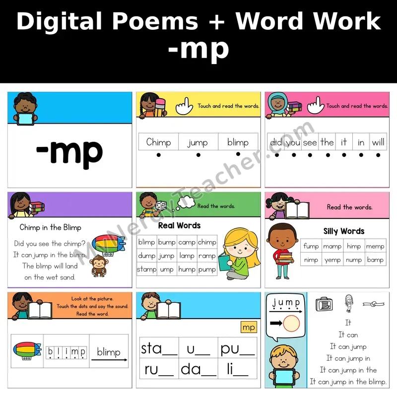 Final Consonant Blend -mp Digital Poems and Word Work — Decodable Activity (Chimp in the Blimp)