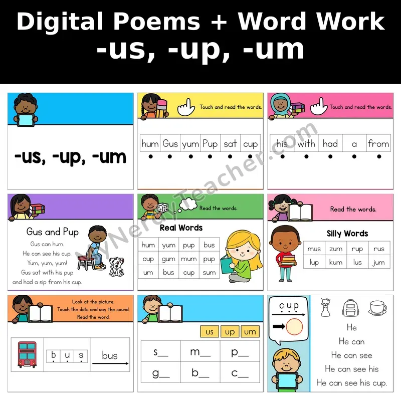 Short U Word Family -us, -up, -um Digital Poems and Word Work — Decodable Activity (Gus and Pup)