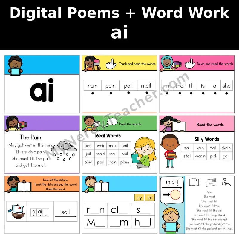 ai Vowel Team (Long a) Digital Poems and Word Work — Decodable Activity (The Rain)