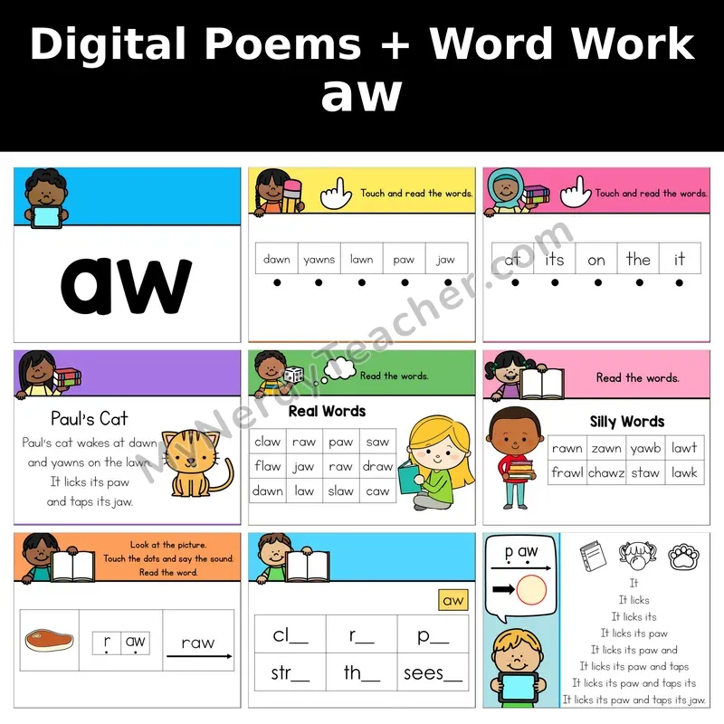 aw Vowel Team Digital Poems and Word Work — Decodable Activity (Paul's Cat)