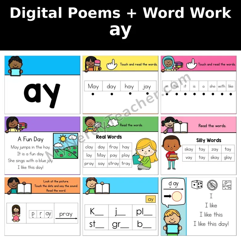 ay Vowel Team (Long a) Digital Poems and Word Work — Decodable Activity (A Fun Day)