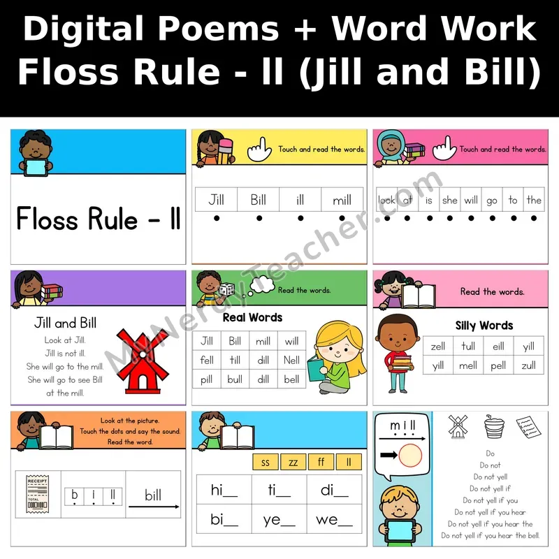 Floss Rule (ll) Digital Poems and Word Work — Decodable Activity (Jill and Bill)