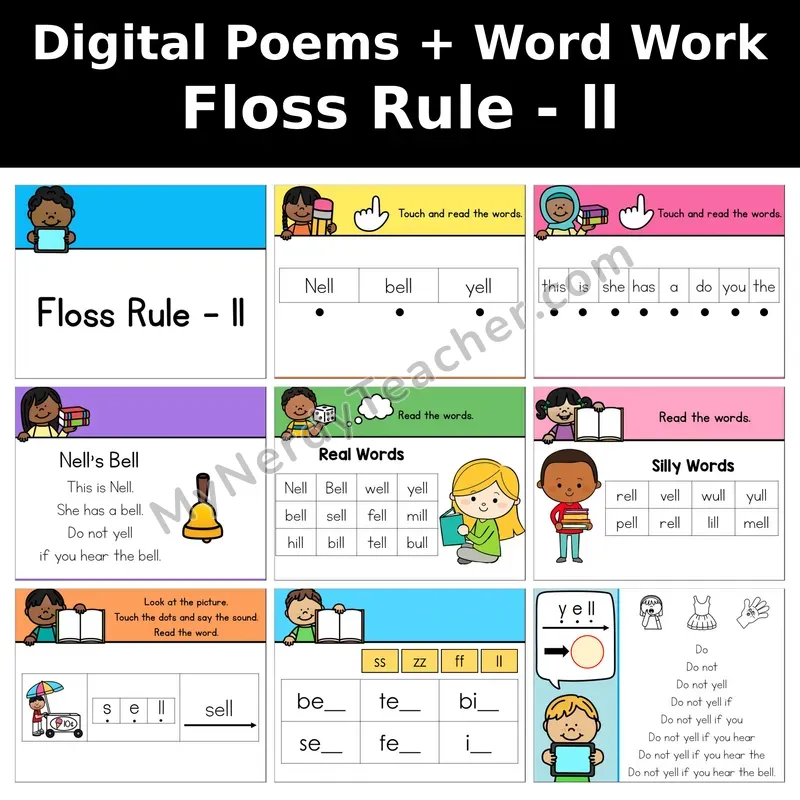 Floss Rule (ll) Digital Poems and Word Work — Decodable Activity (Nell's Bell)