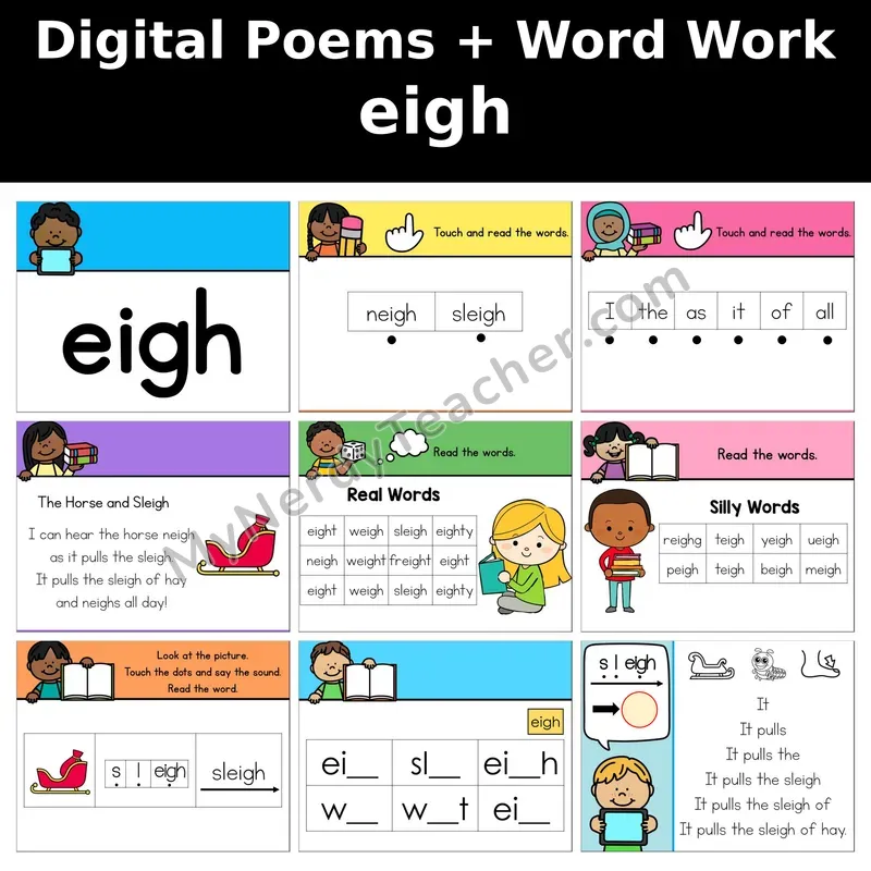 eigh Vowel Team (Long a) Digital Poems and Word Work — Decodable Activity (The Horse and Sleigh)