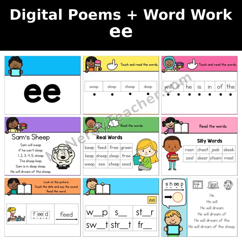 ee Vowel Team (Long e) Digital Poems and Word Work — Decodable Activity (Sam's Sheep)