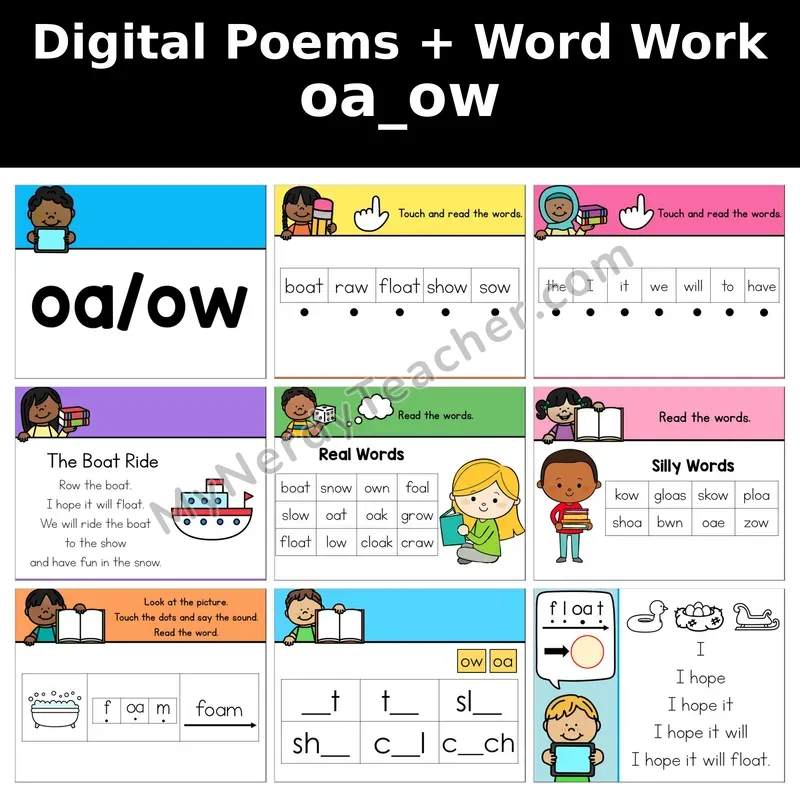 oa, ow Vowel Team (Long o) Digital Poems and Word Work — Decodable Activity (The Boat Ride)