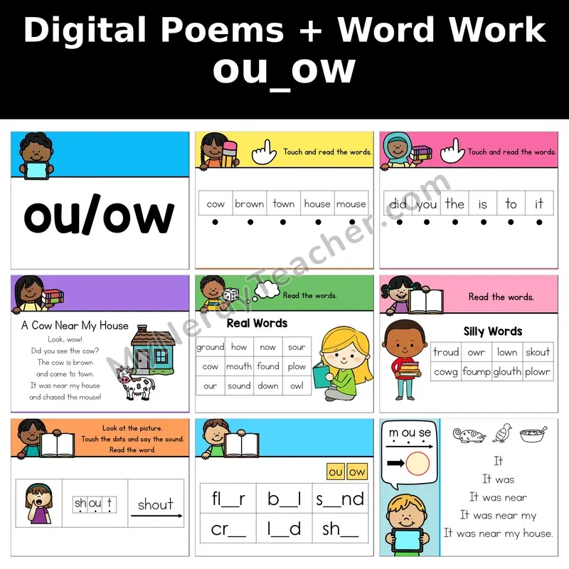 ou, ow Diphthong Digital Poems and Word Work — Decodable Activity (A Cow Near My House)