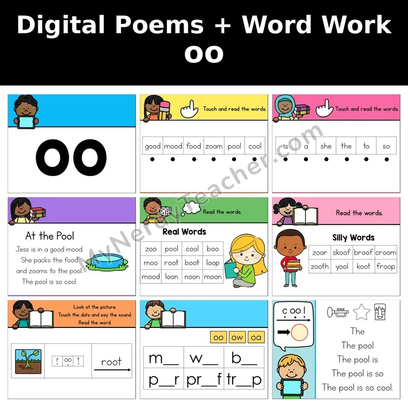 oo Vowel Team Digital Poems and Word Work — Decodable Activity (At the Pool)