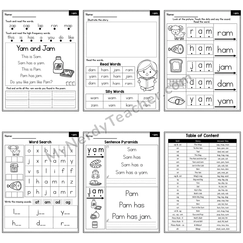 Short A Word Family -am Decodable Poem and Worksheets — Yam and Jam