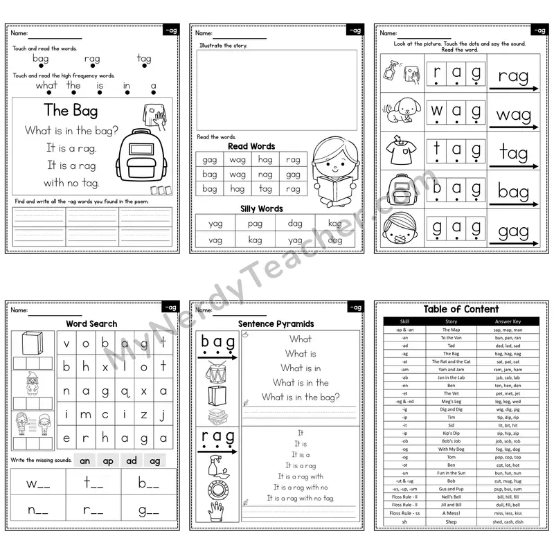Short A Word Family -ag Decodable Poem and Worksheets — The Bag