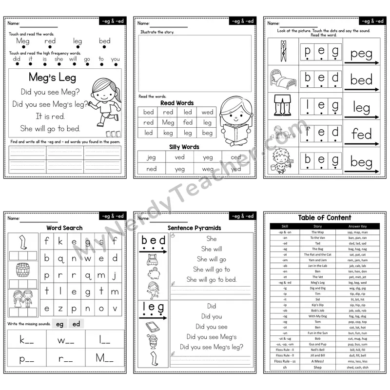 Short E Word Family -eg, -ed Decodable Poem and Worksheets — Meg's Leg