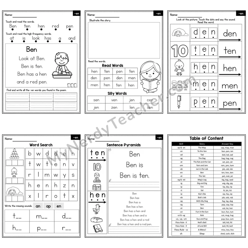 Short E Word Family -en Decodable Poem and Worksheets — Ben