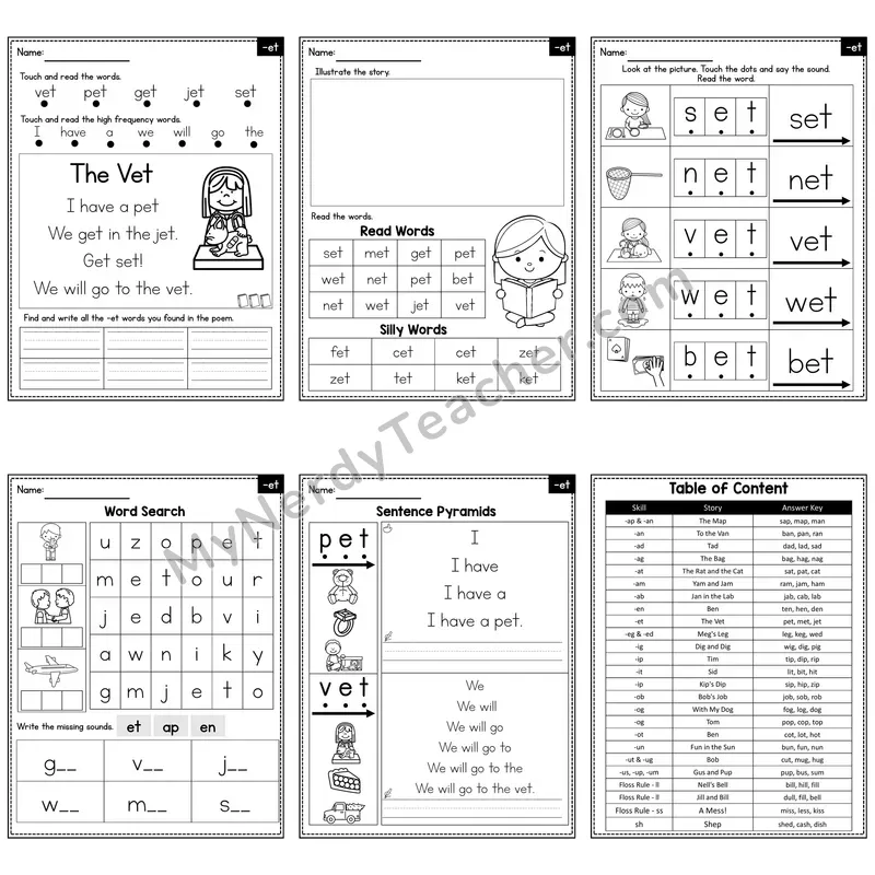 Short E Word Family -et Decodable Poem and Worksheets — The Vet