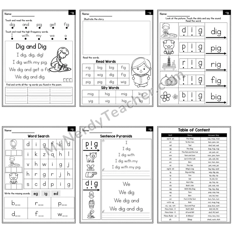 Short I Word Family -ig Decodable Poem and Worksheets — Dig and Dig