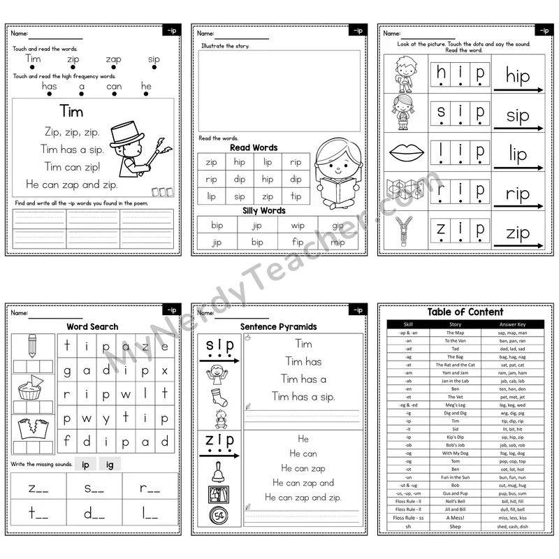Short I Word Family -ip Decodable Poem and Worksheets — Tim