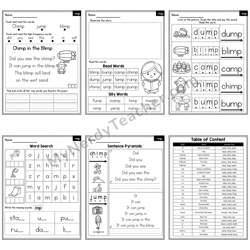 Final Consonant Blend -mp Decodable Poem and Worksheets — Chimp in the Blimp
