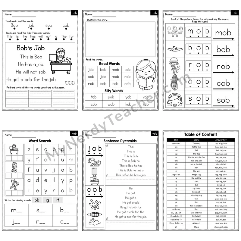 Short O Word Family -ob Decodable Poem and Worksheets — Bob's Job