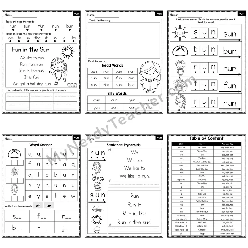 Short U Word Family -un Decodable Poem and Worksheets — Fun in the Sun