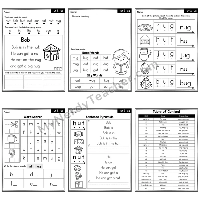 Short U Word Family -ut, -ug Decodable Poem and Worksheets — Bob