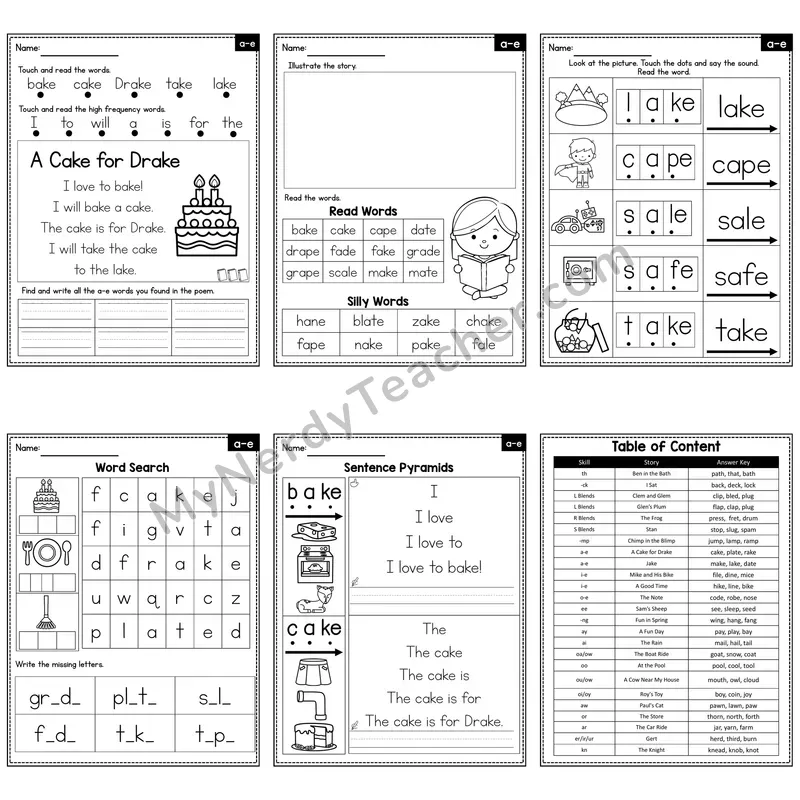 a_e (Long a, Magic e) Decodable Poem and Worksheets — A Cake for Drake