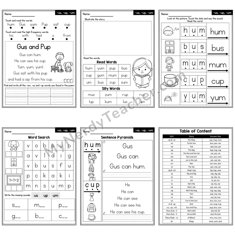 Short U Word Family -us, -up, -um Decodable Poem and Worksheets — Gus and Pup