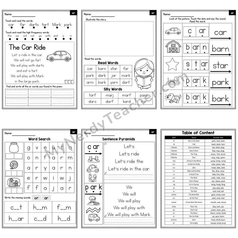 ar R-Controlled Vowel Decodable Poem and Worksheets — The Car Ride
