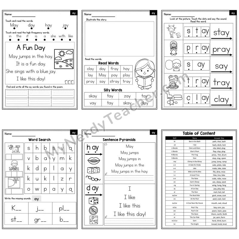 ay Vowel Team (Long a) Decodable Poem and Worksheets — A Fun Day