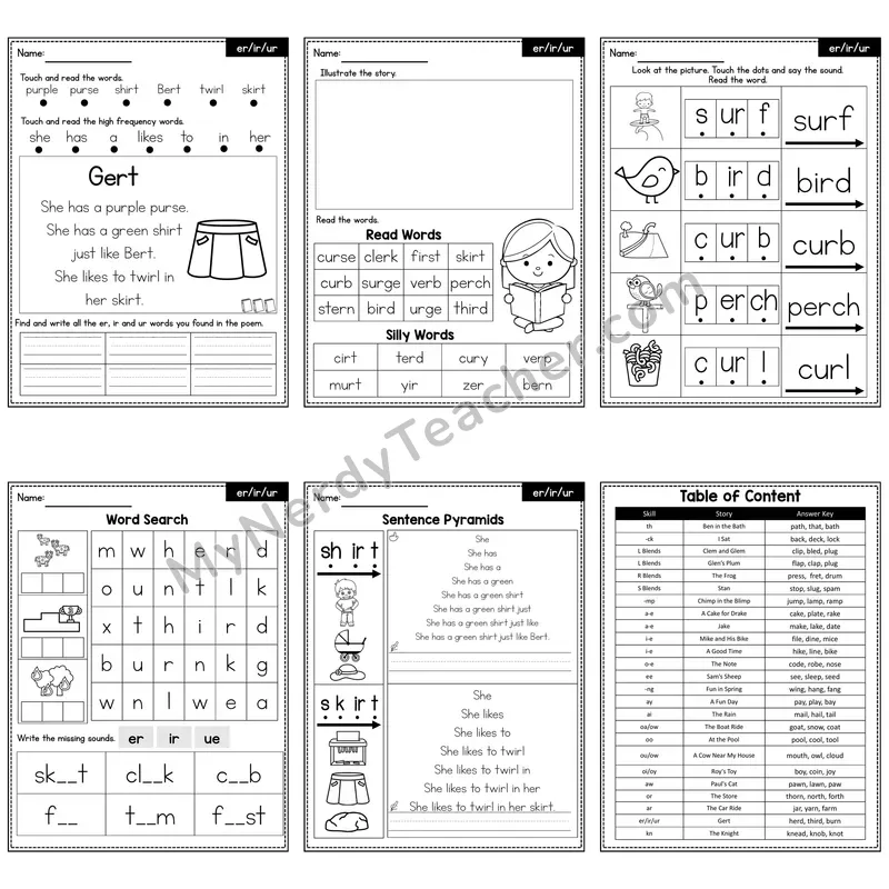 er, ir, ur R-Controlled Vowels Decodable Poem and Worksheets — Gert