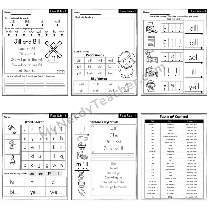Floss Rule (ll) Decodable Poem and Worksheets — Jill and Bill
