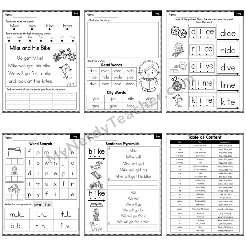 i_e (Long i, Magic e) Decodable Poem and Worksheets — Mike and His Bike